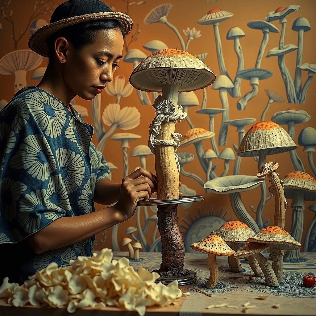 Linocut Mushroom Scene with Porcelain Figures