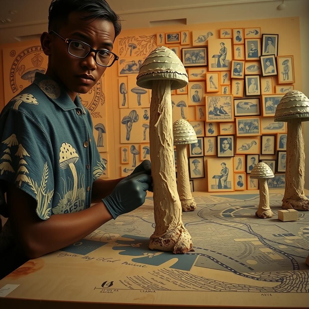 Linocut Mushroom Scene with Porcelain Figures