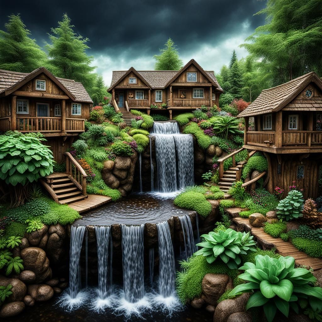 Magical Waterfall Garden with Cute Gnome Homes