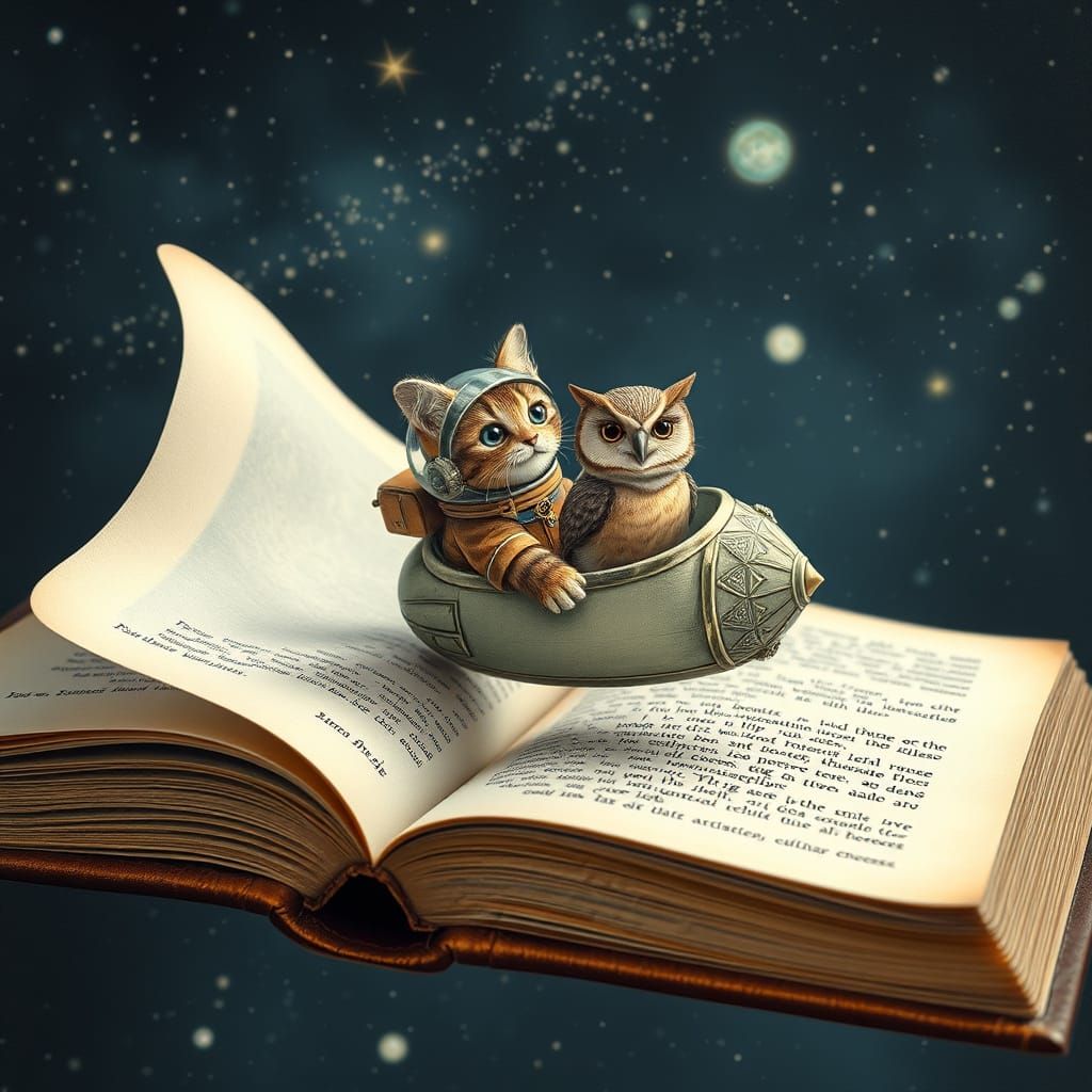 Whimsical Space Travelers in a Vintage Book