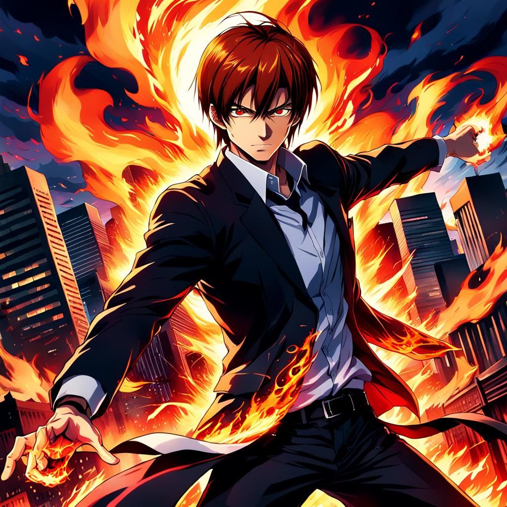 Fiery Anime Illustration of Man Unleashing Flames
