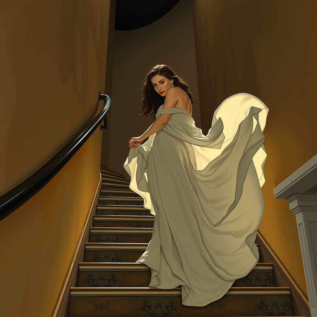 Woman Climbing Stairs in Art Nouveau Style