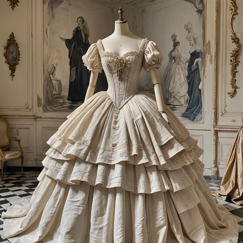 Exquisite Ivory Ballroom Gown on Chessboard, Digital Art