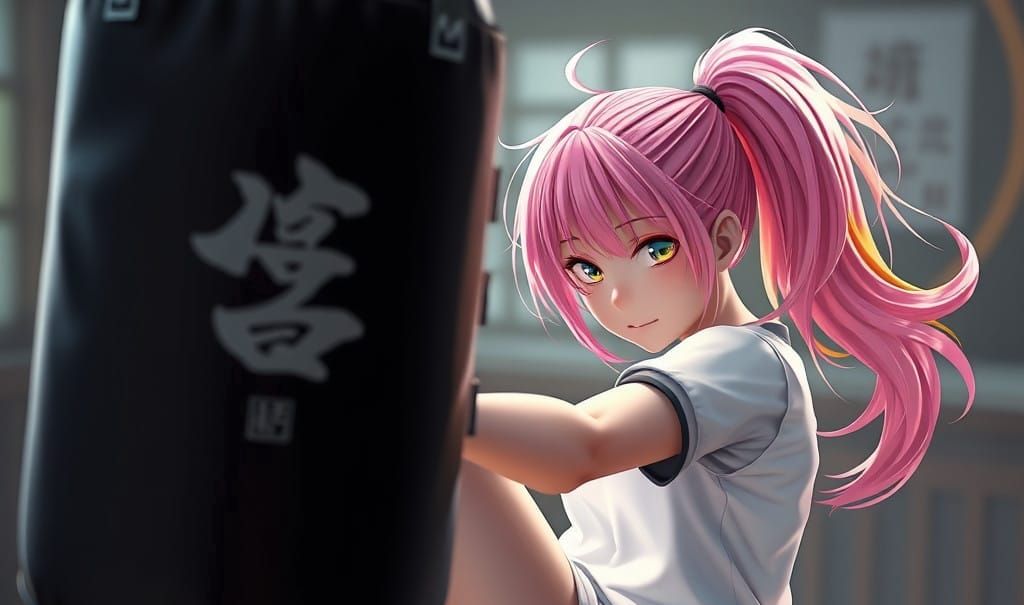 Girl Kicking Punching Bag in Vibrant Hair Style