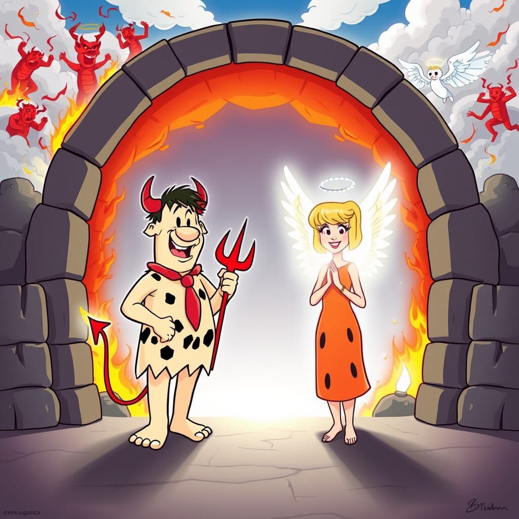 Fred Flintstone as Devil vs Wilma as Angel in Cartoon Style