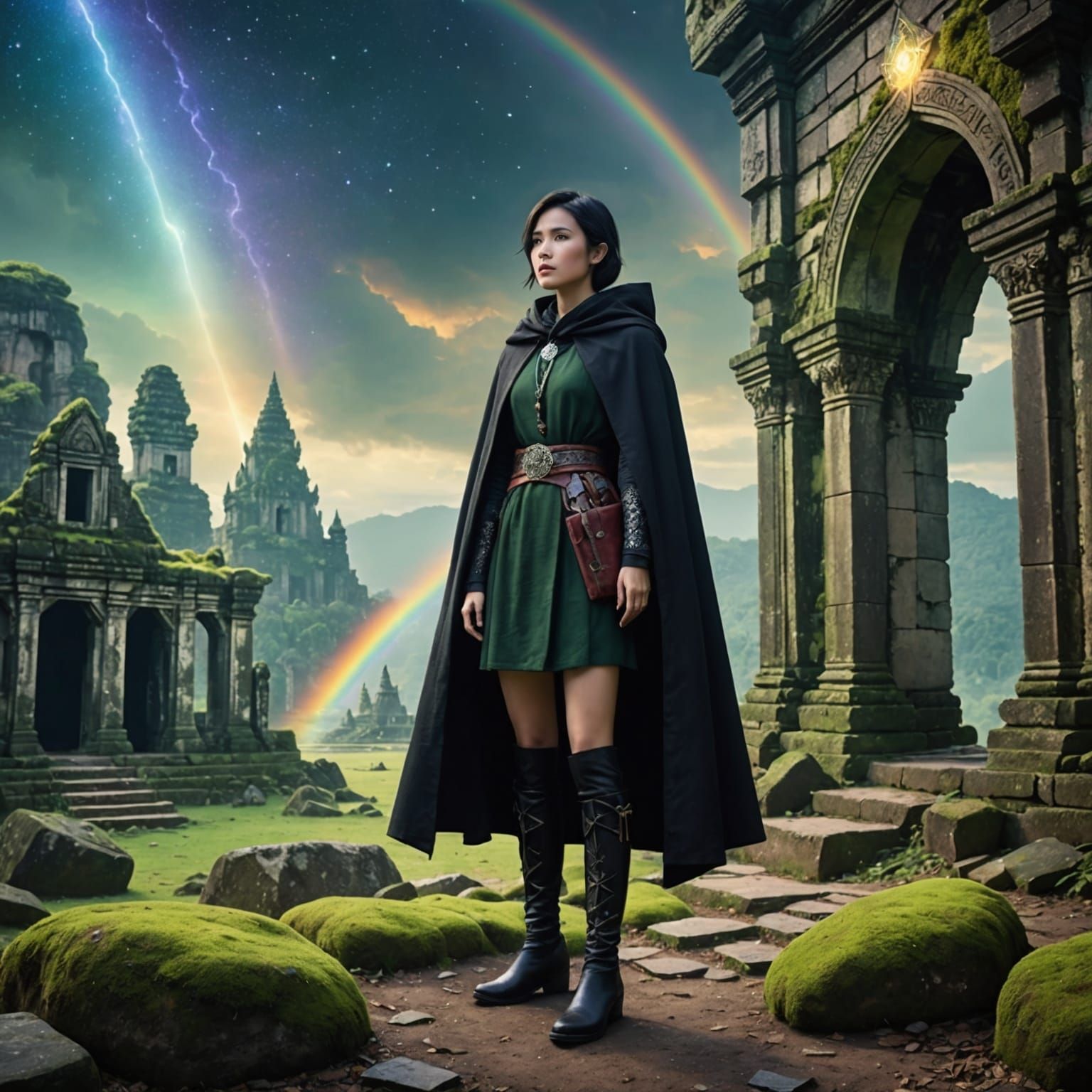 Thai Woman at Magical Ancient Ruin in Rain