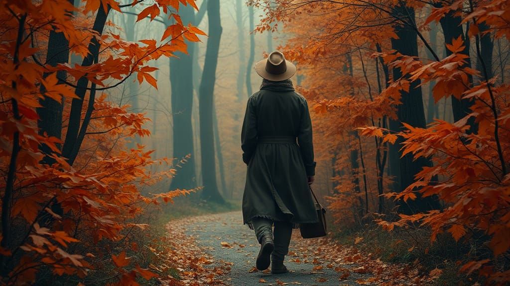 Contemplative Traveler in Autumn Forest, Surreal Art