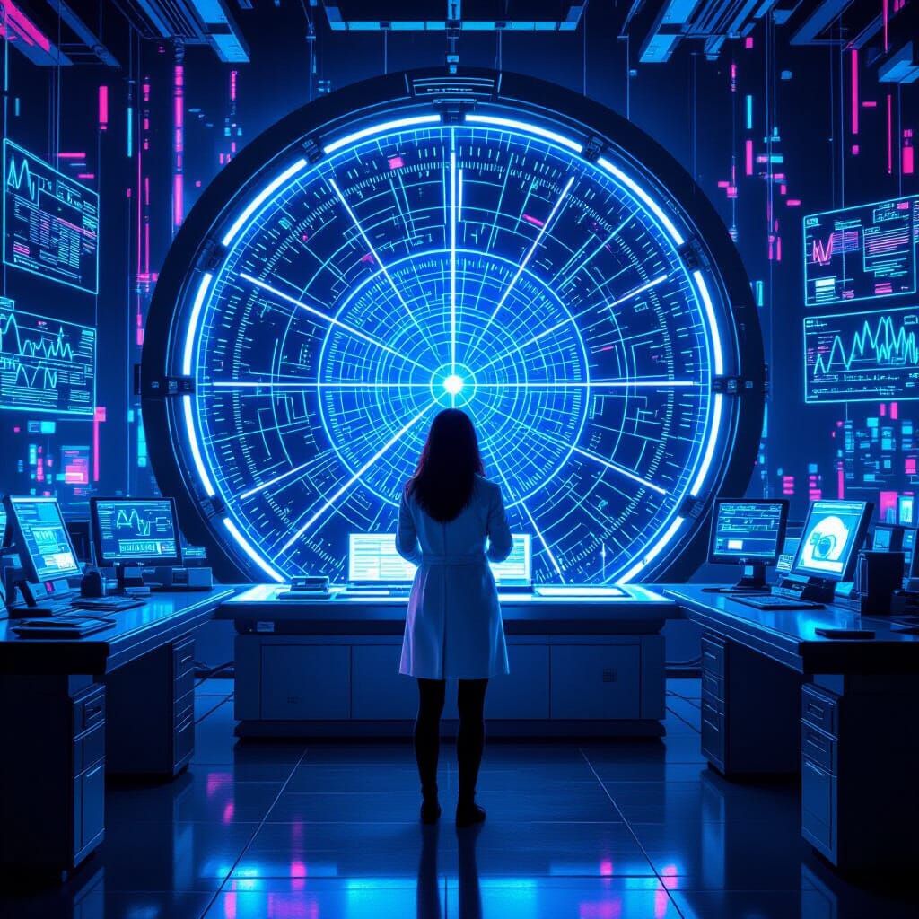 Futuristic Lab with Grid Radar in Neon Lights