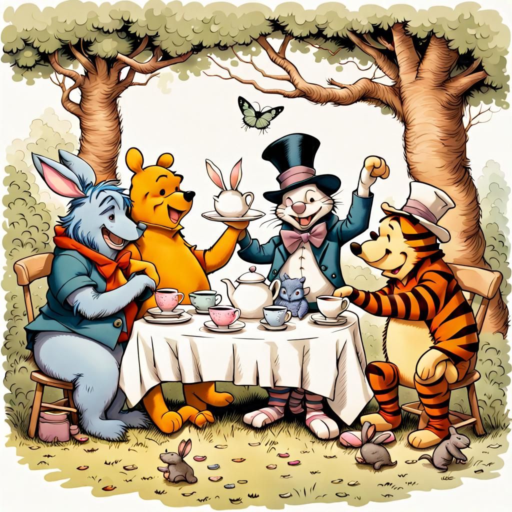 Pooh and Friends at Mad Hatter's Tea Party