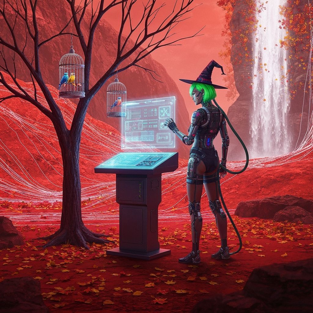 Cyberpunk Witch on Mars Adjusts Holographic Terminal in Autu...