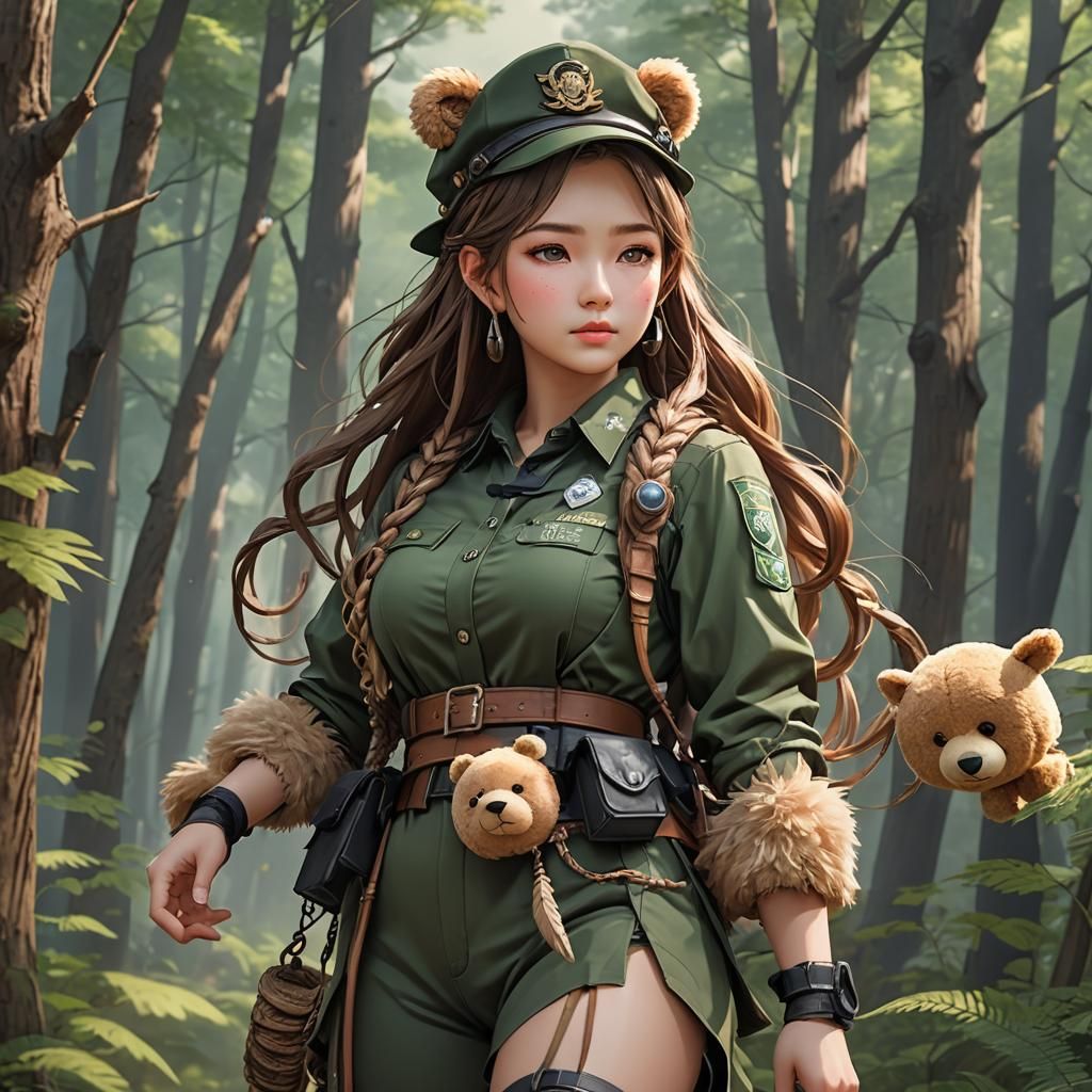 Korean Forest Ranger Rescuing Teddy Bear: 3D Anime Art