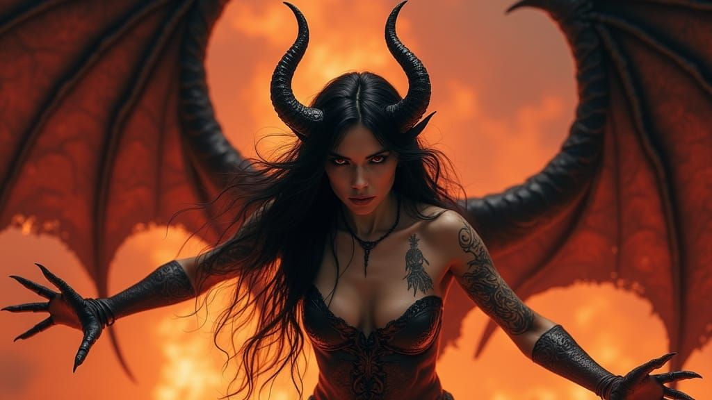Powerful Female Demon with Dragon Wings in Dark Fantasy Styl...