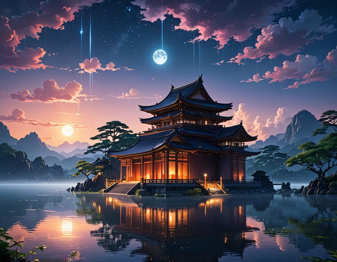Moonlit Temple on Tranquil Lake: 3D Anime Art