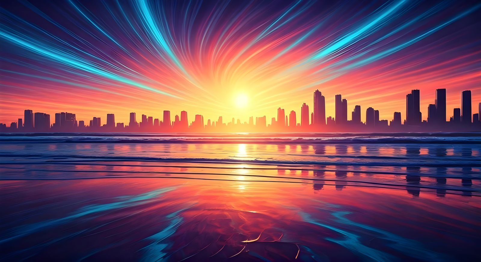 Ethereal Beachscape at Sunset, Blending Traditional and Digi...