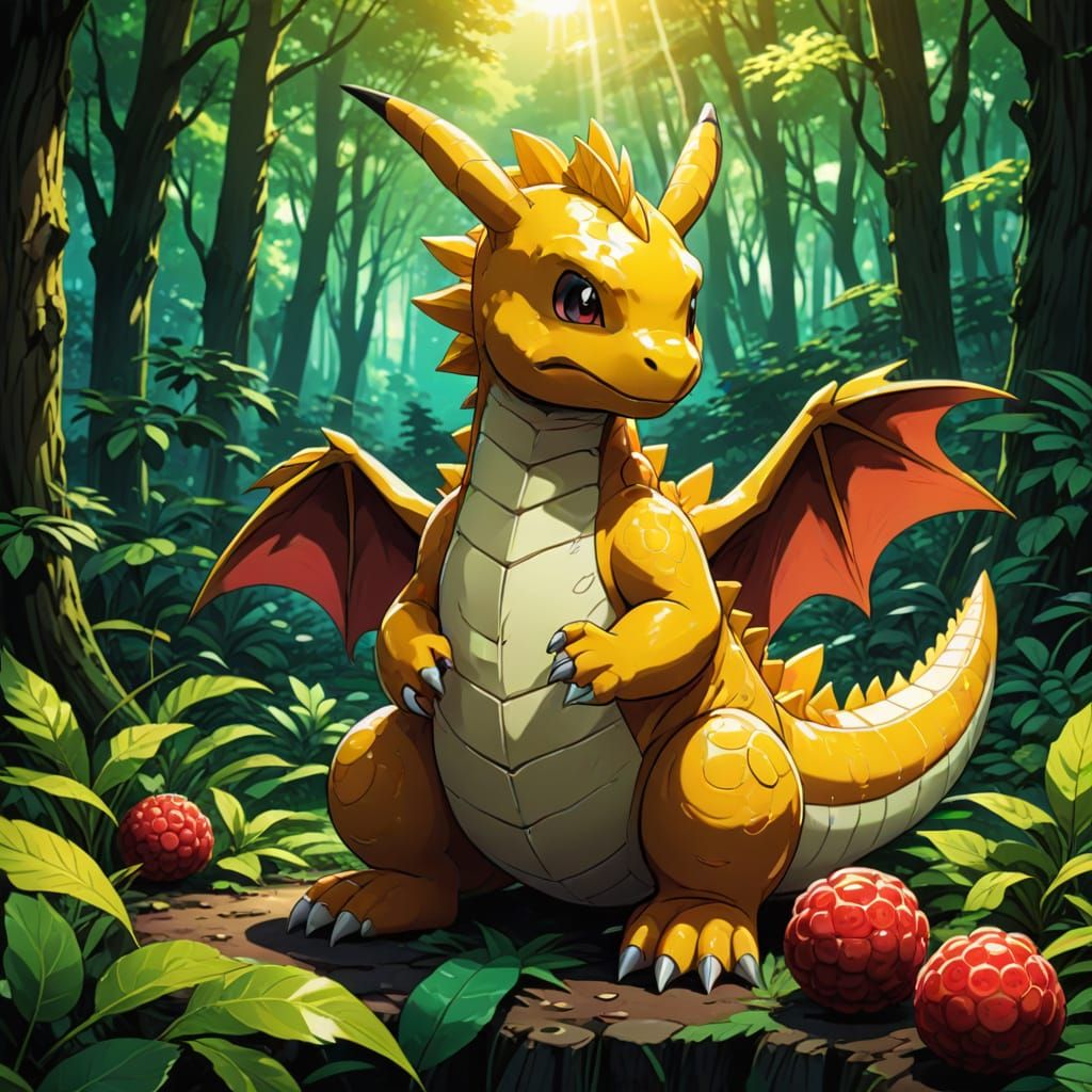 Majestic Dragonite Savoring Golden Raspberry in Serene Fores...