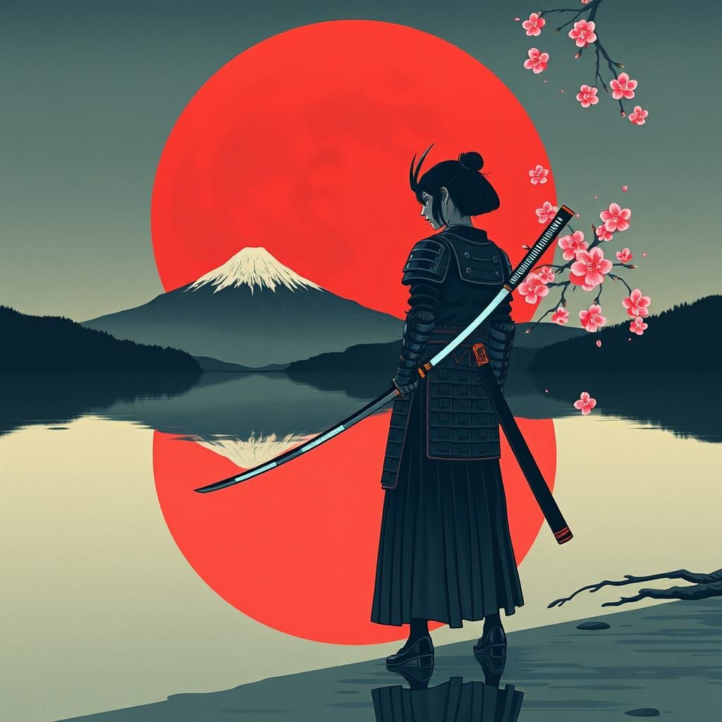 Cyberpunk Samurai in Elegant Woodblock Style