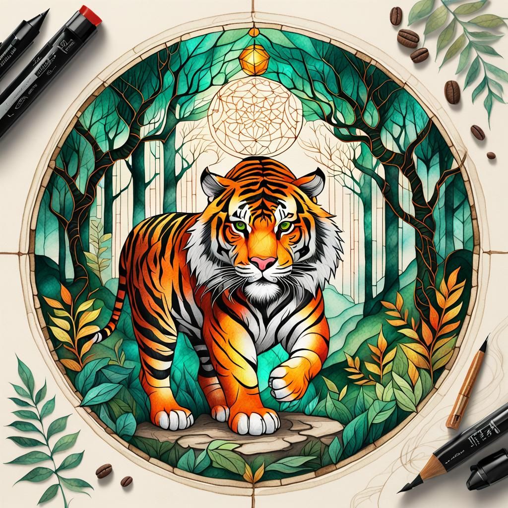 Calligraphic Tiger Line Drawing on Parchment