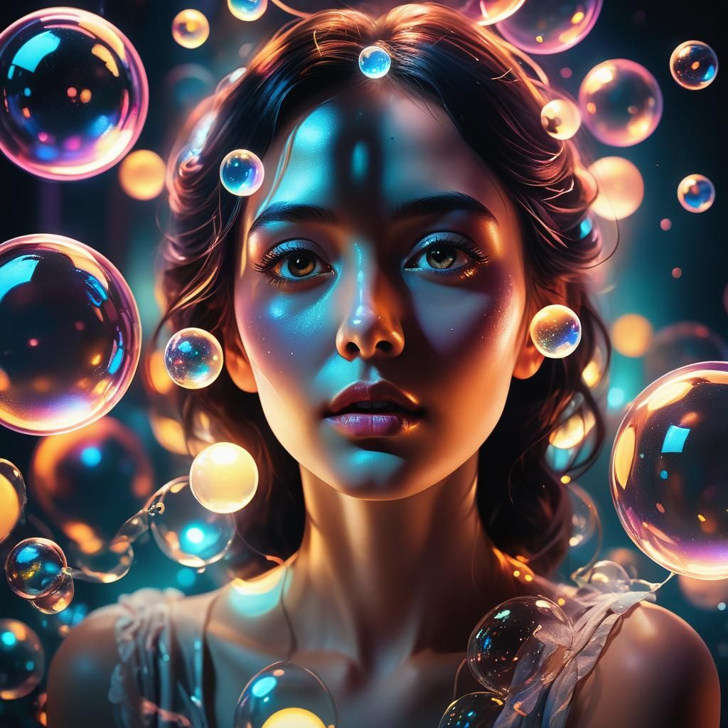 Surreal Female Portrait with Glowing Orbs