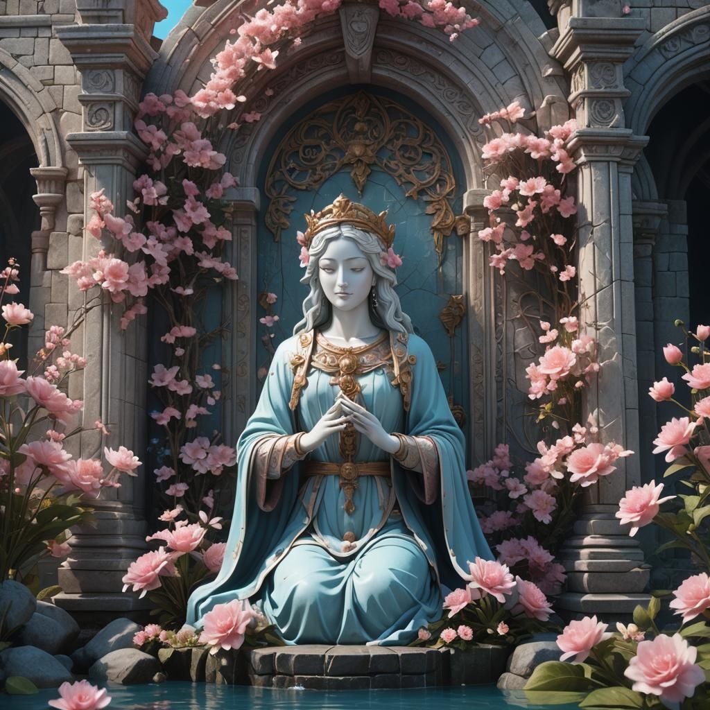 Medieval Shrine Scenery with Flowers and Statue
