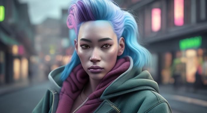 Anime Sketch of Girl with Neon Hair in Niji Style