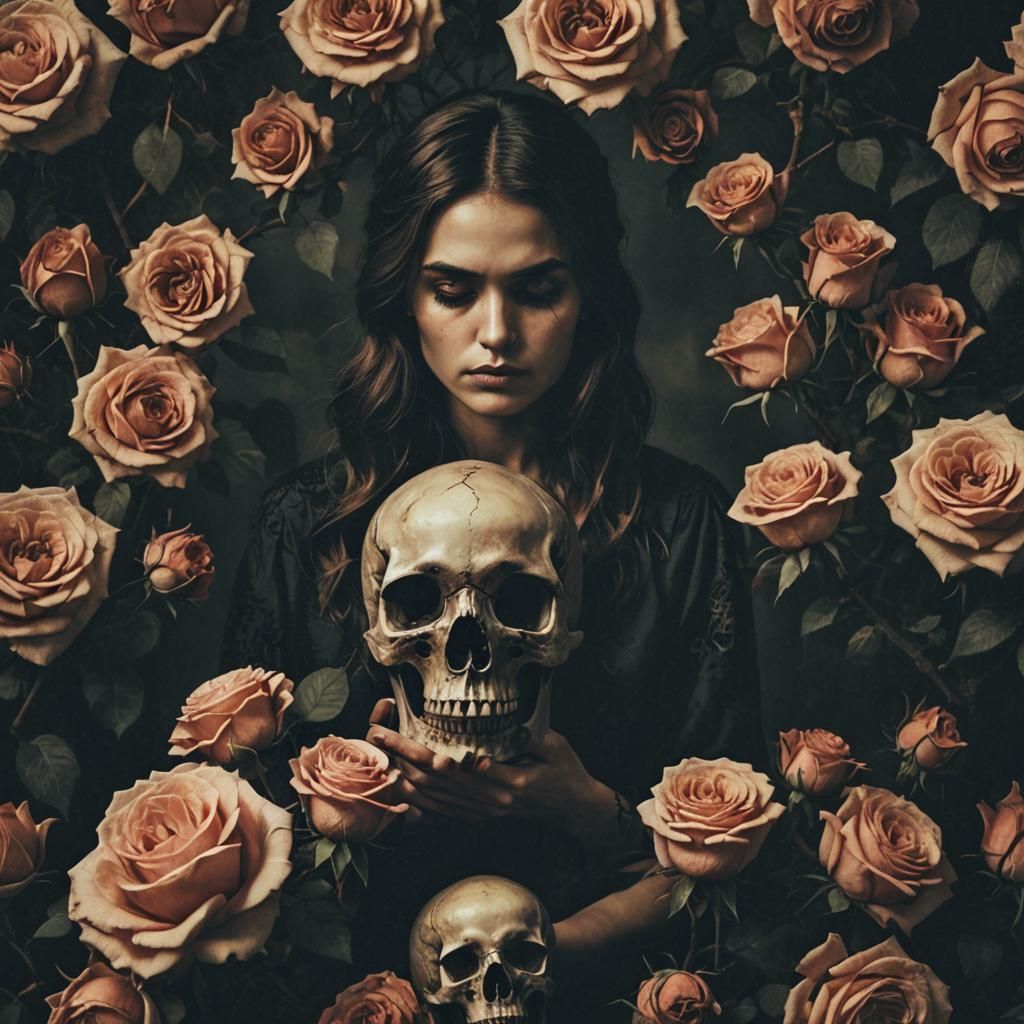 Dark Romanticism: Woman with Skull and Roses