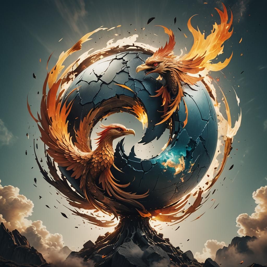Phoenix Rising from Yin Yang Globe in Cinematic Style
