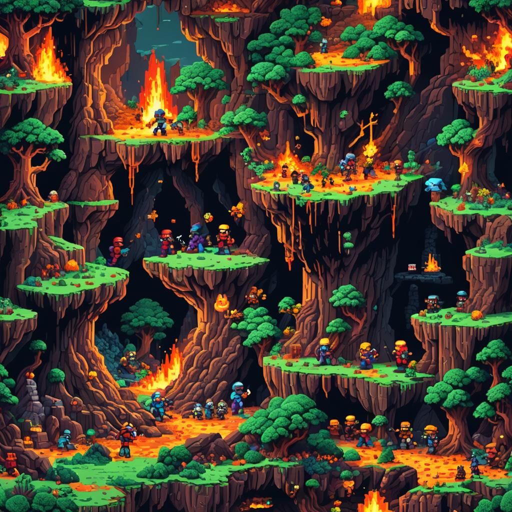 Old school computer game style pixelated characters battling in a pixelated environment.