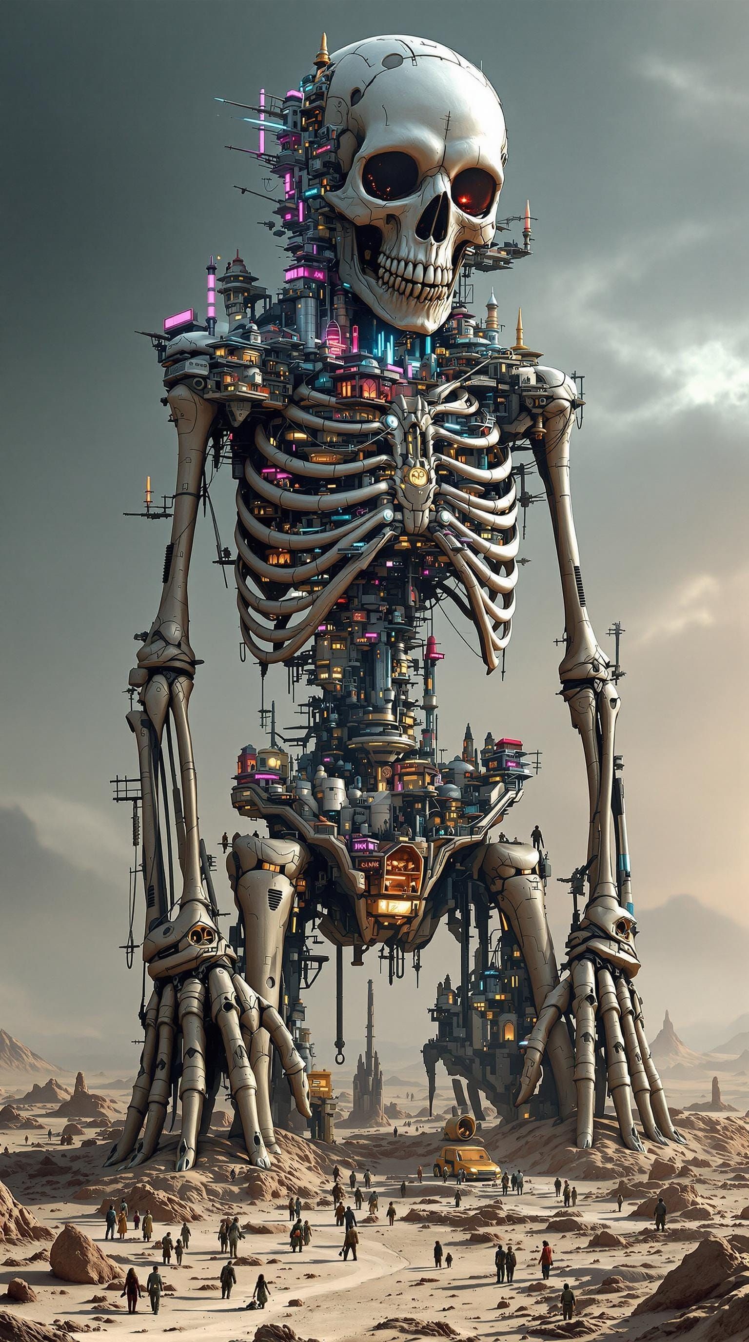 Colossal Cyberpunk Babel Tower Built Within a Kneeling Giant...