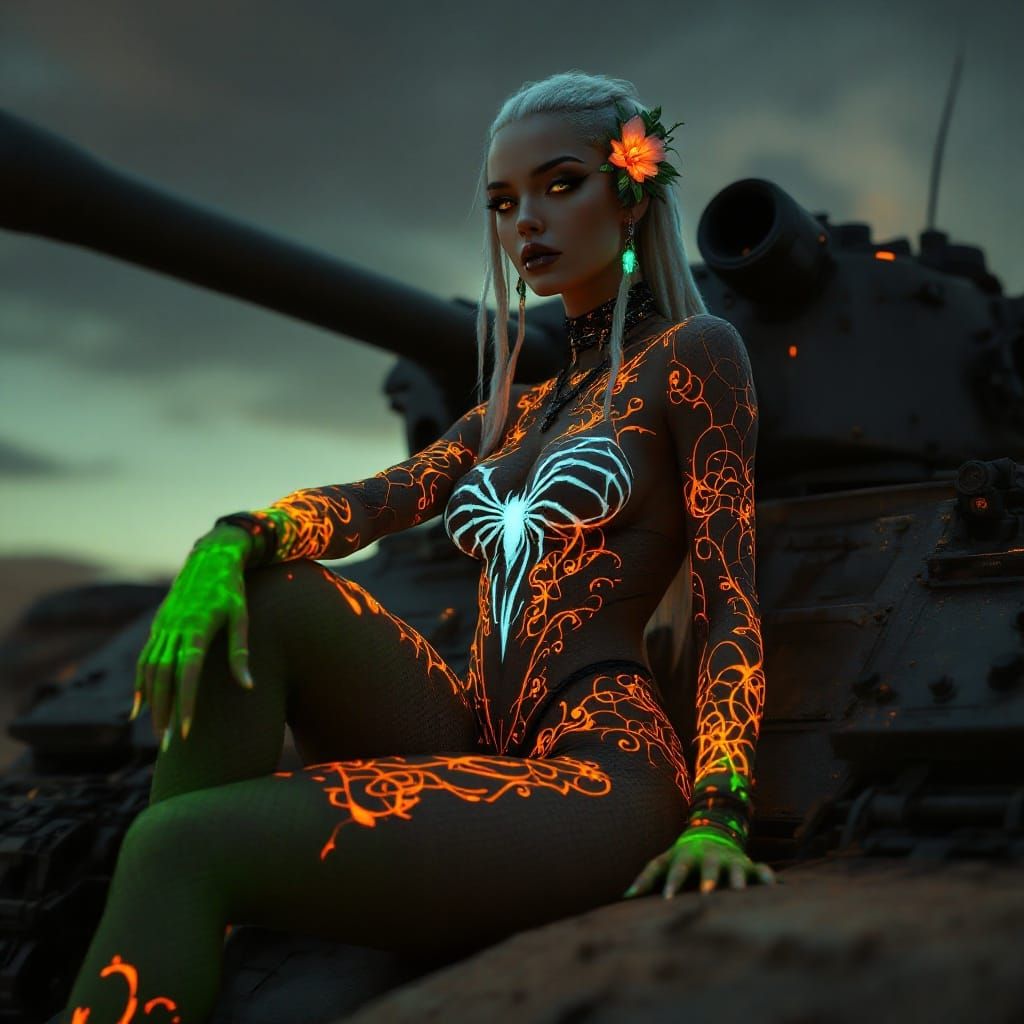 Ethereal Goth Tankwoman in Desert Landscape