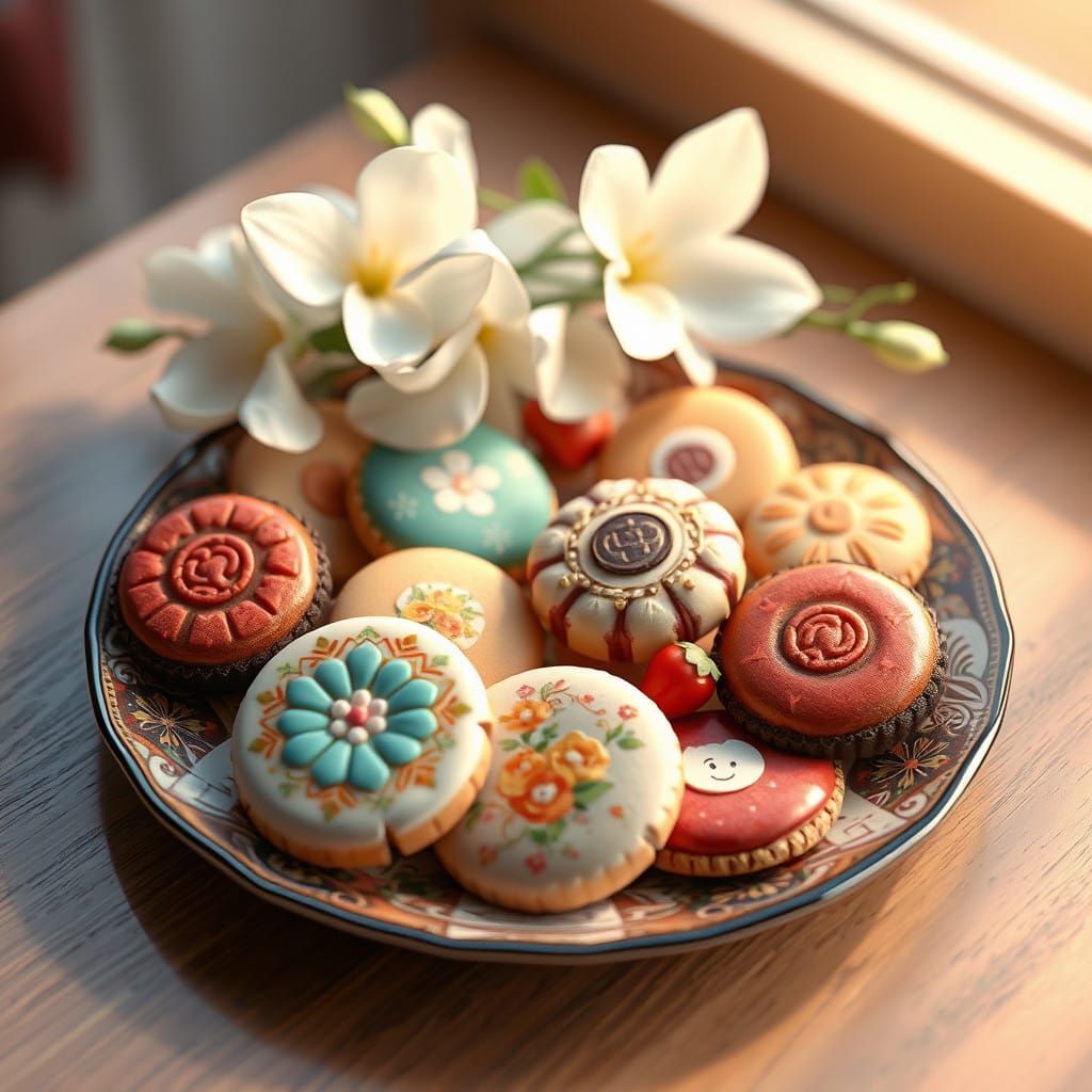Whimsical Cookies Amidst Vibrant Flowers in Anime-Inspired D...