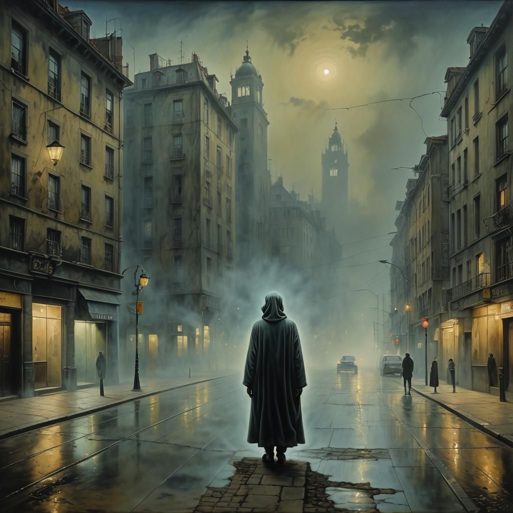 Ethereal Ghost Figure in Surreal Urban Landscape