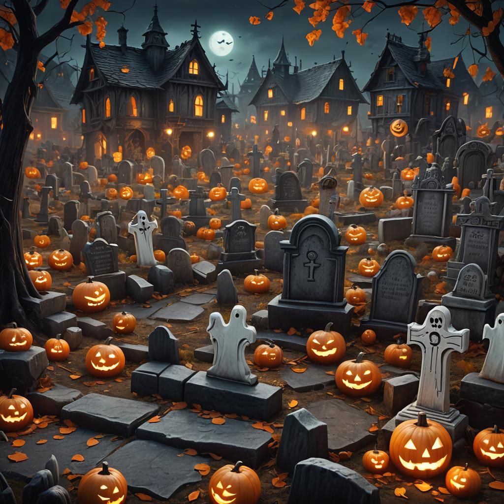 Spooky Halloween Scene with Ghosts and Jack-o'-Lanterns
