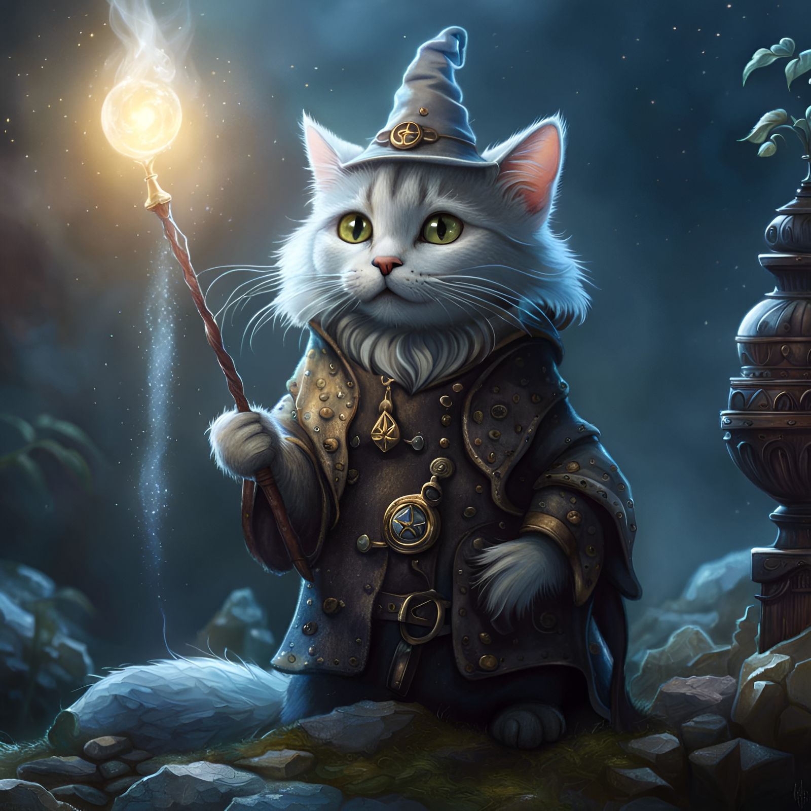 Cute Wizard Cat Illustration in Monge Style