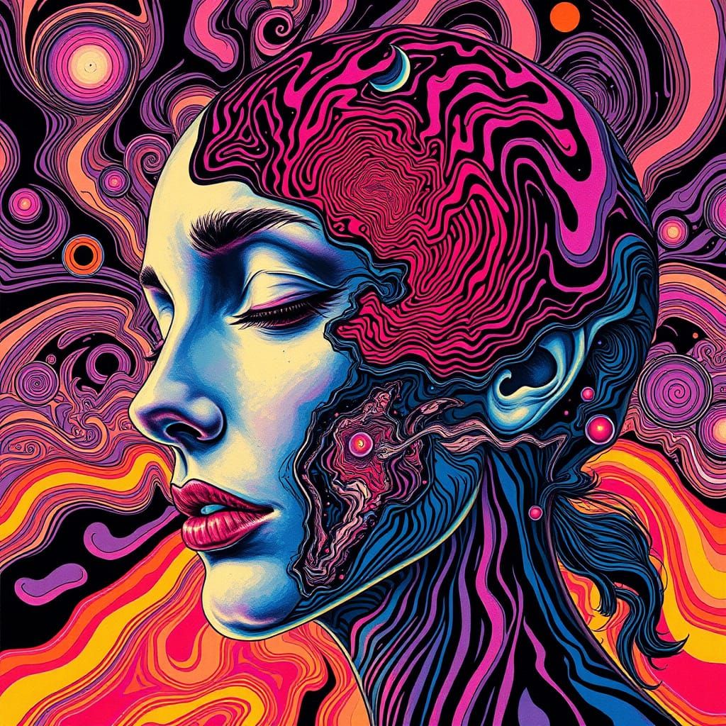 Psychedelic Surrealist Portrait in Cosmic Labyrinth