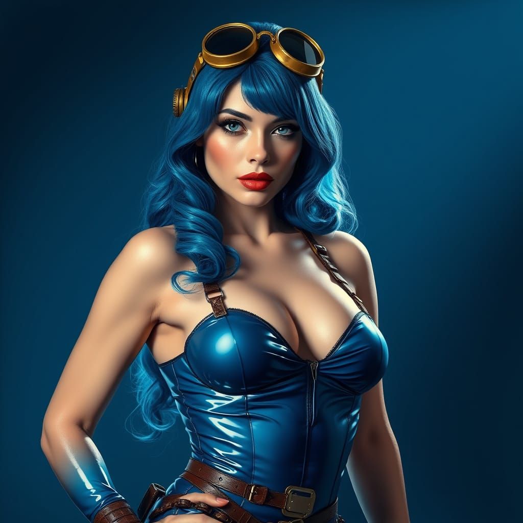 Steampunk Pin-Up Woman in Blue Latex and Gears