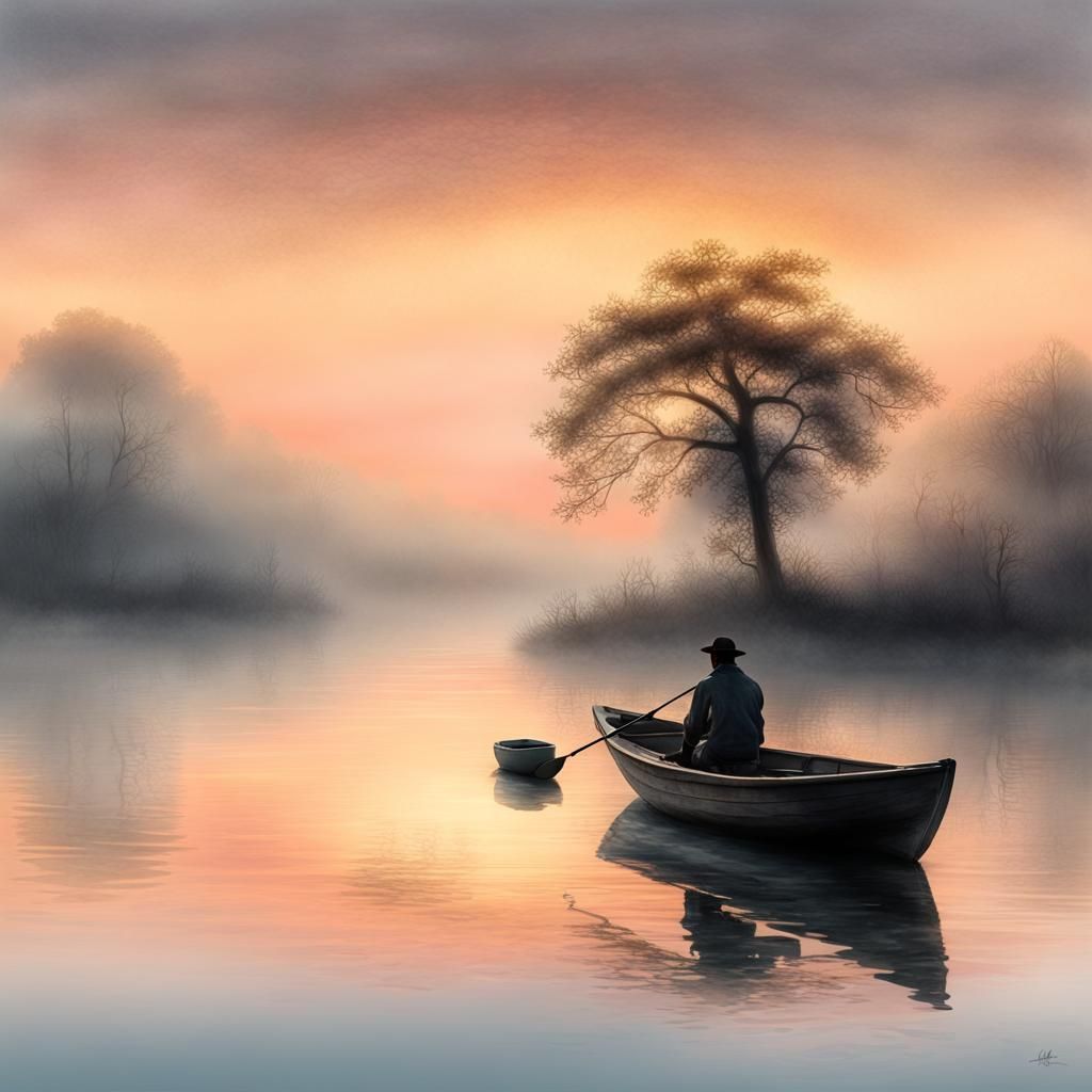 Foggy Sunrise: Fisherman in Watercolor Pastel Art
