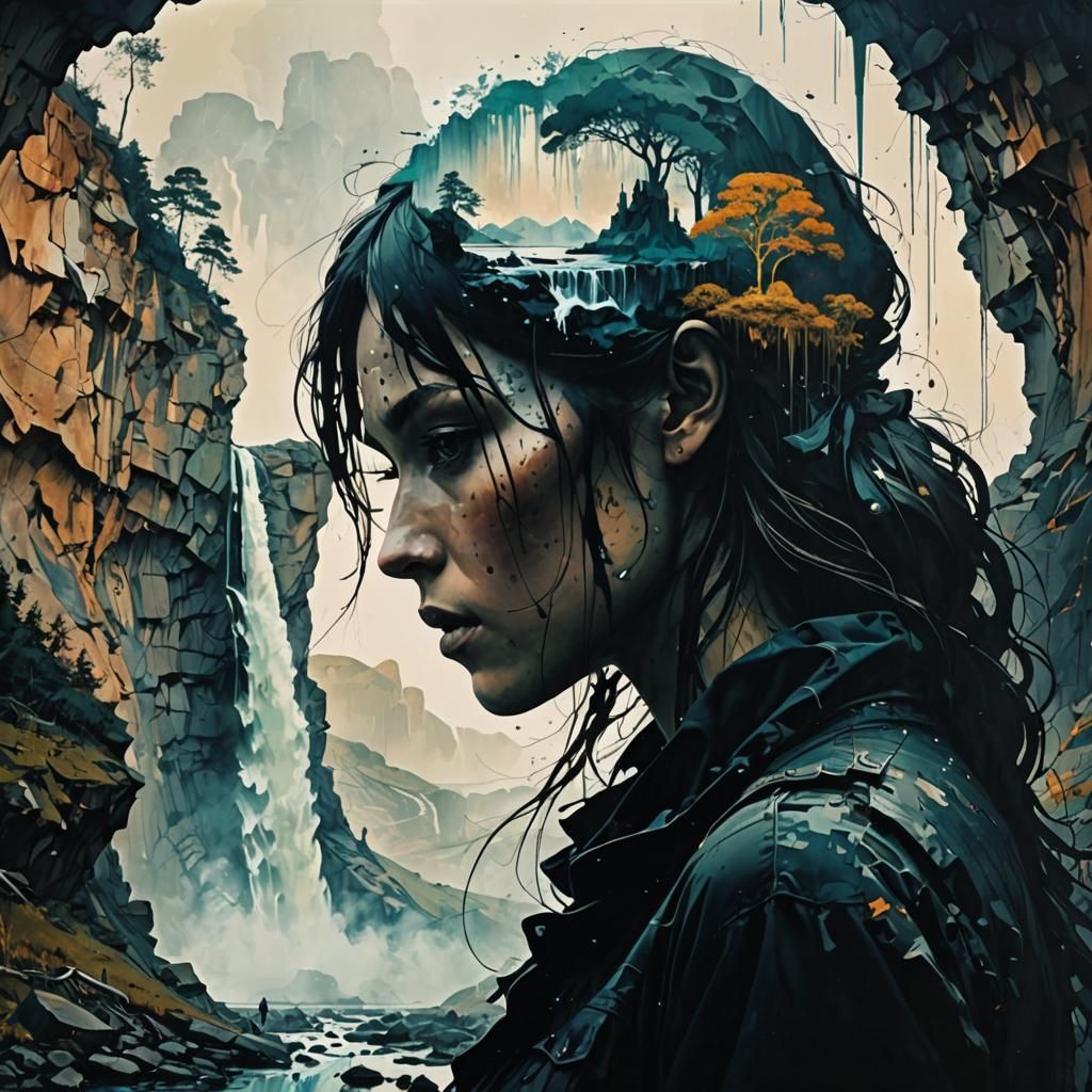 Silhouette Portrait with Waterfall Landscape in Double Expos...