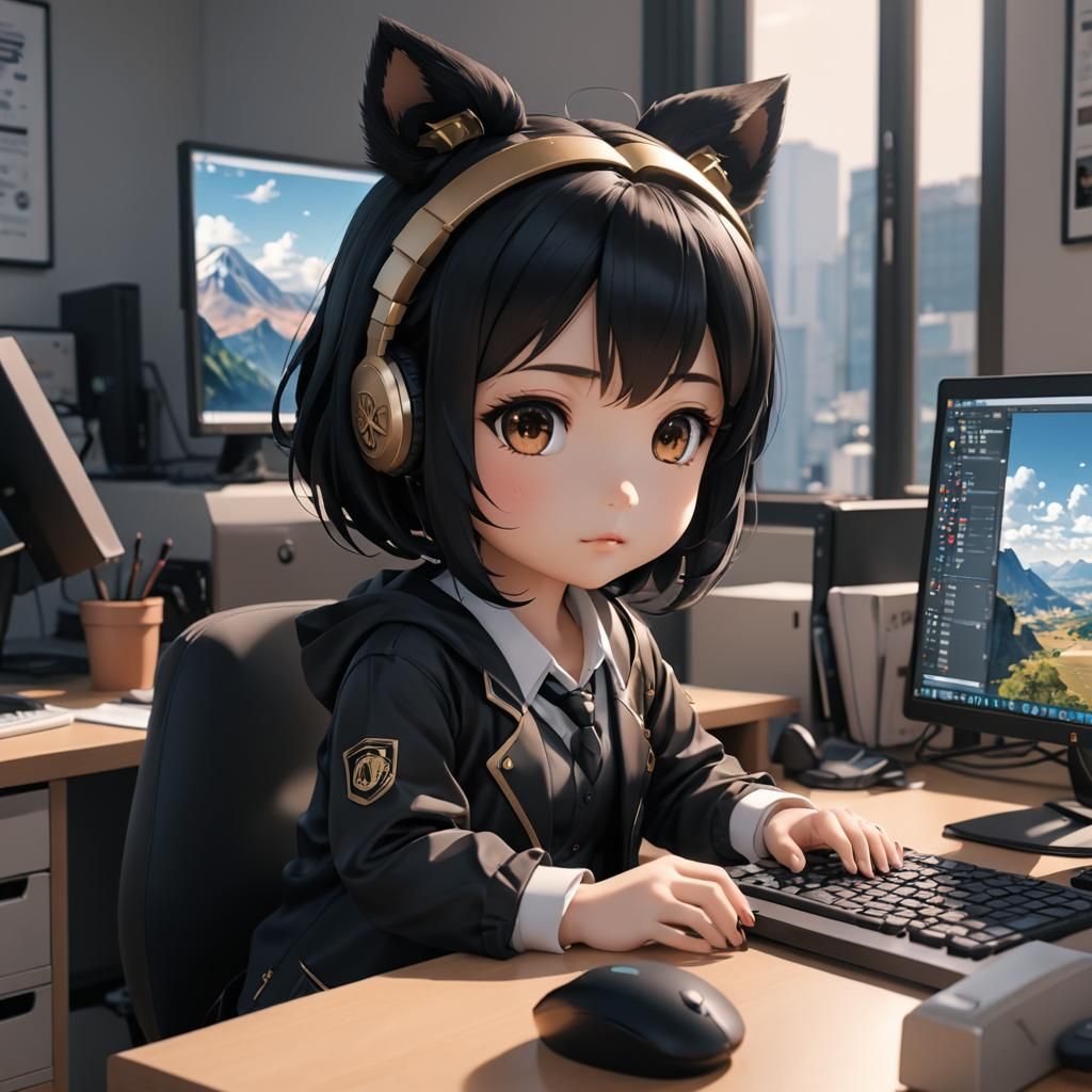 Chibi Girl at Computer: 3D Anime Art