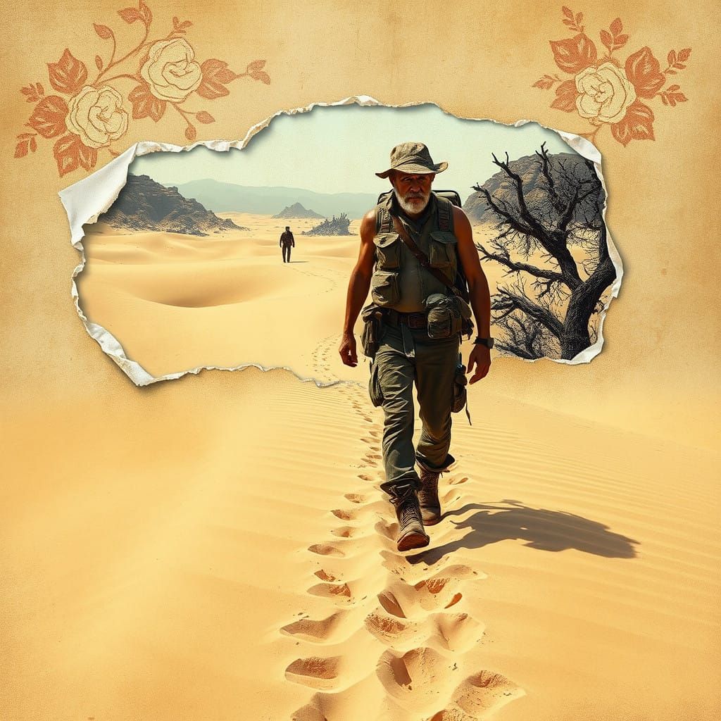 Rugged Adventurer Embarks on a Surreal Desert Odyssey