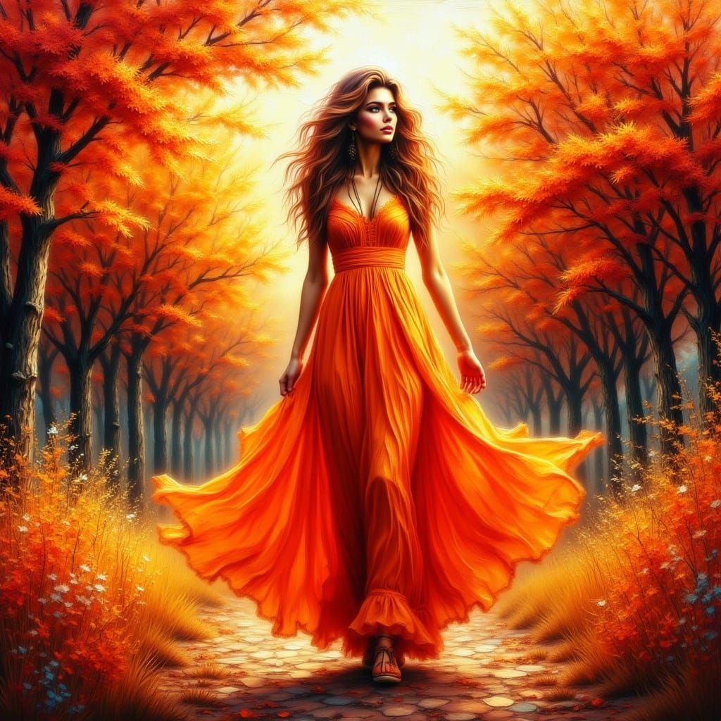 Woman in Orange Dress Amidst Autumn Foliage