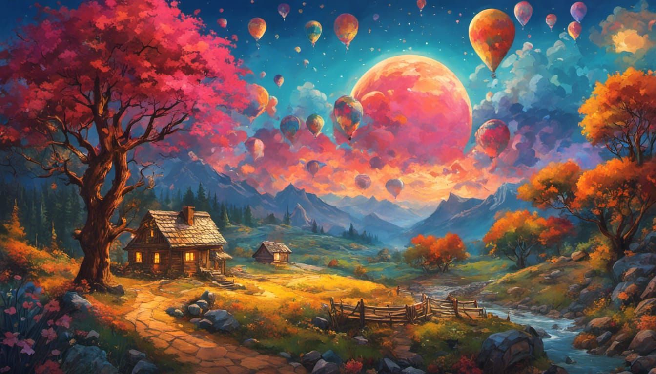 Prehistoric Landscape Under Meteor Shower: Surreal Cartoon A...