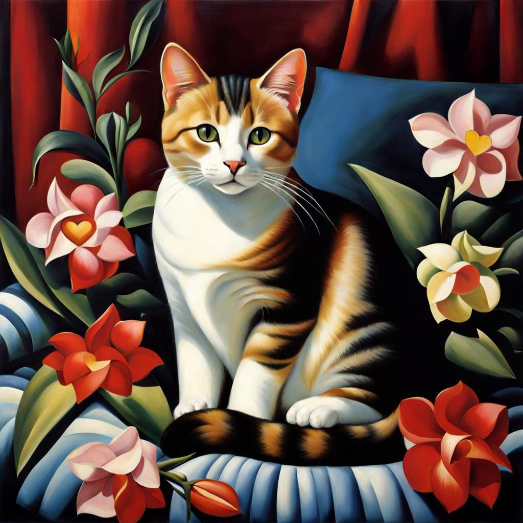 Cute Cat Surrounded by Flowers in Art Deco Style