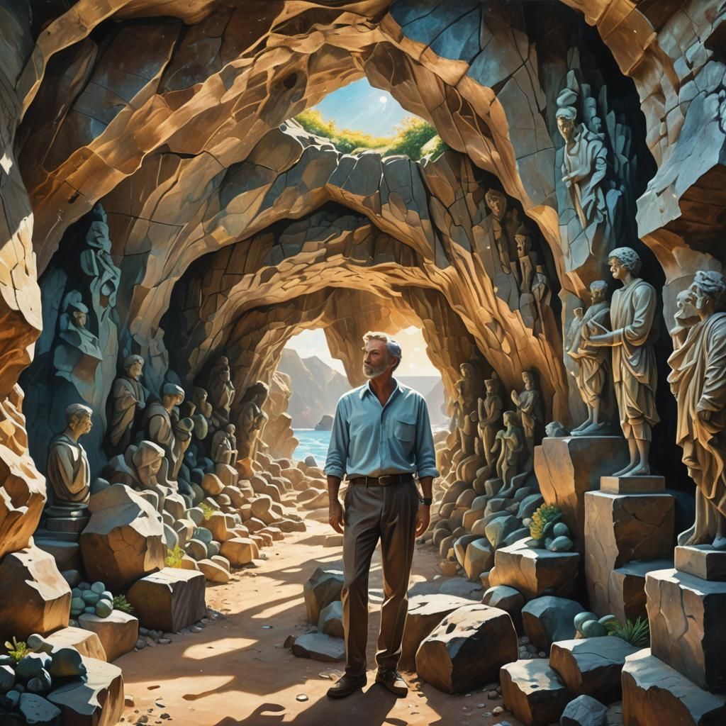 Sculptor in Sunny Cave: Surrealist Oil Painting