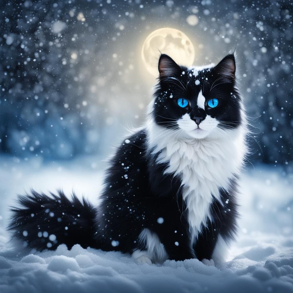 Fluffy Black and White Cat with Blue Eyes in Snow