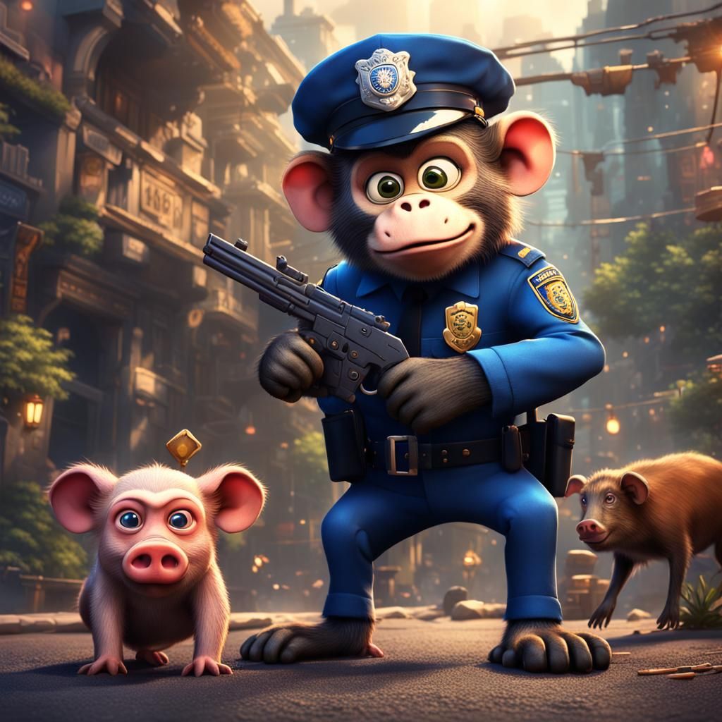 Cartoon Police Monkey Arresting Pig, Detailed Matte Painting