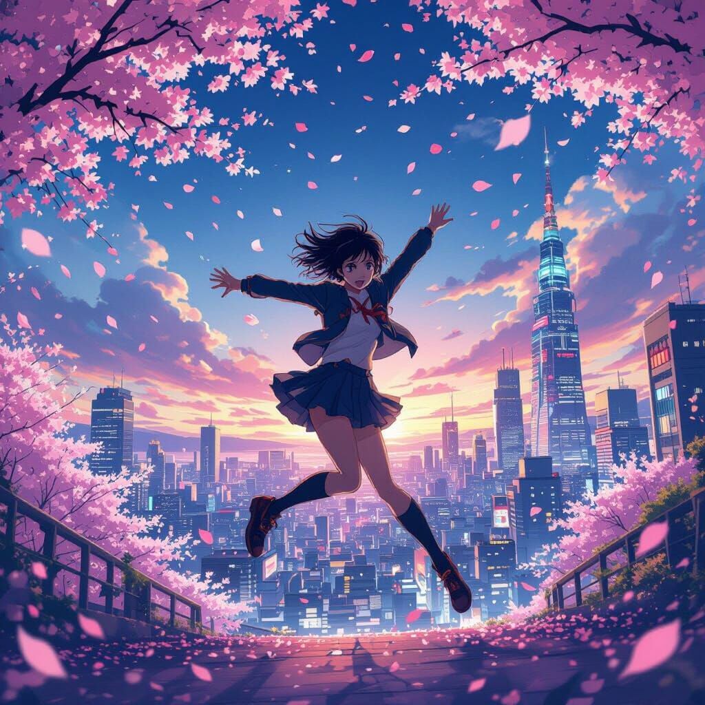 Anime Character Leaping Through Cherry Blossoms in Futuristi...