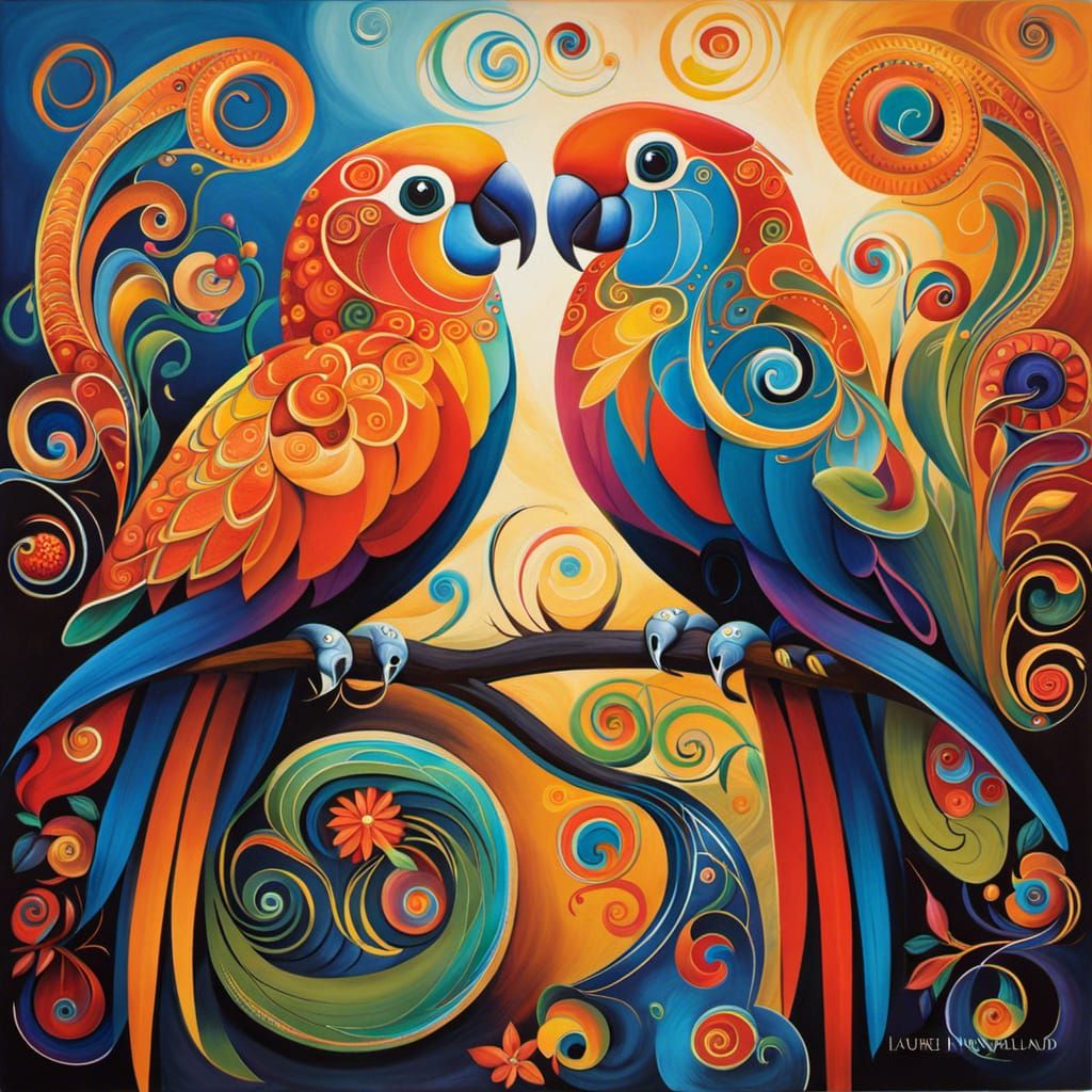 Abstract Parrots Painting in Decorative Style