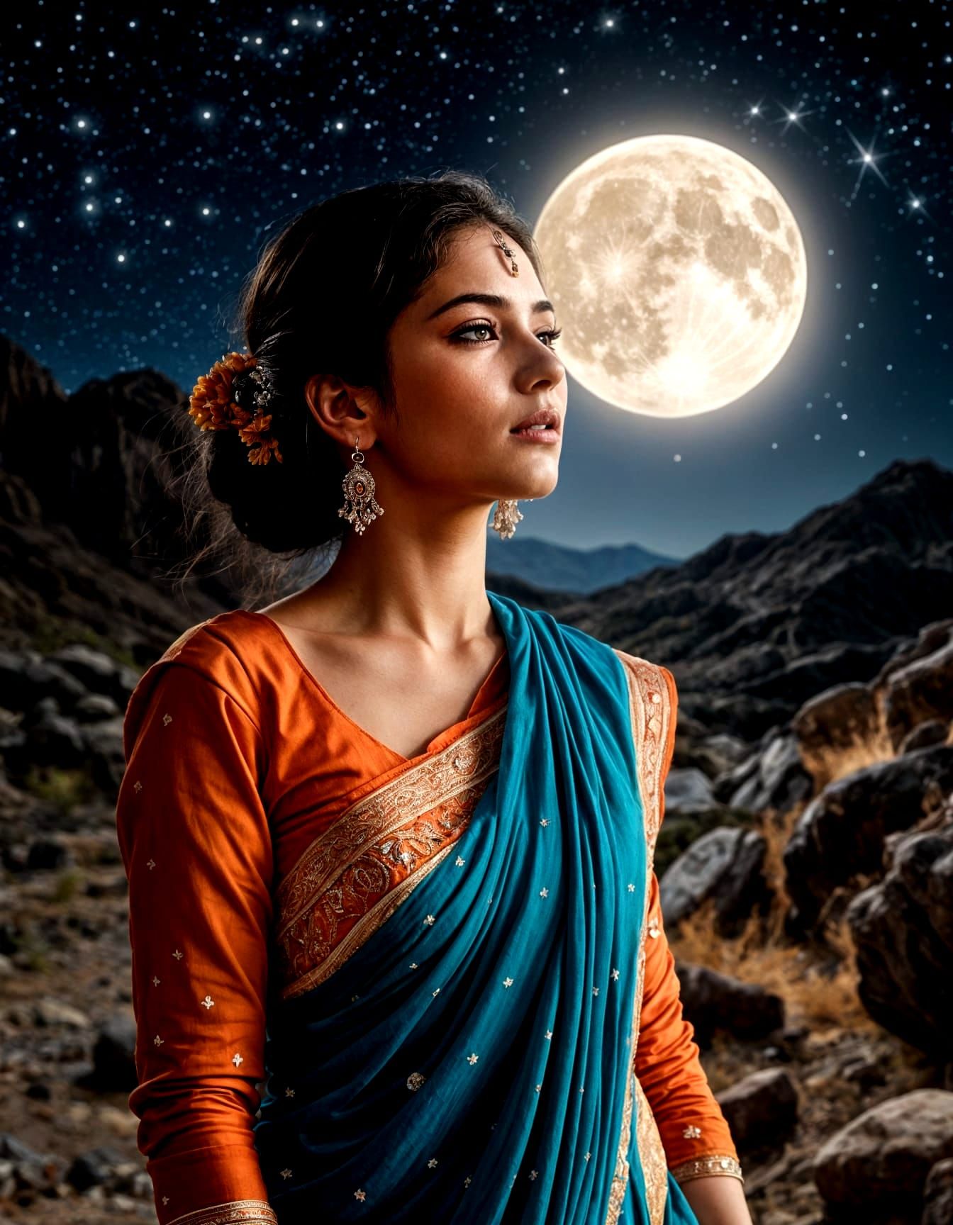 Vibrant Mountain Valley with Woman in Sari