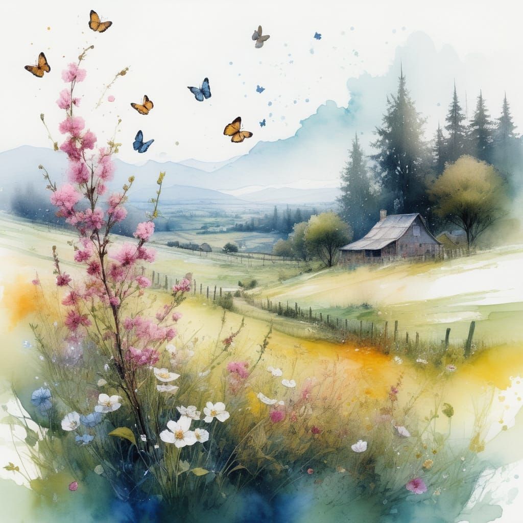 Digital Watercolor Fantasy Landscape with Wildflowers and Bu...
