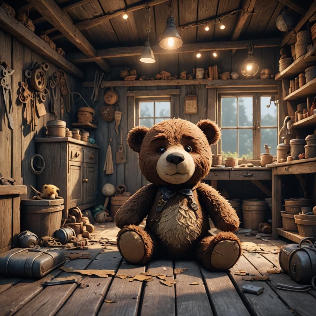 Threadbare Teddy Bear in Abandoned Shed